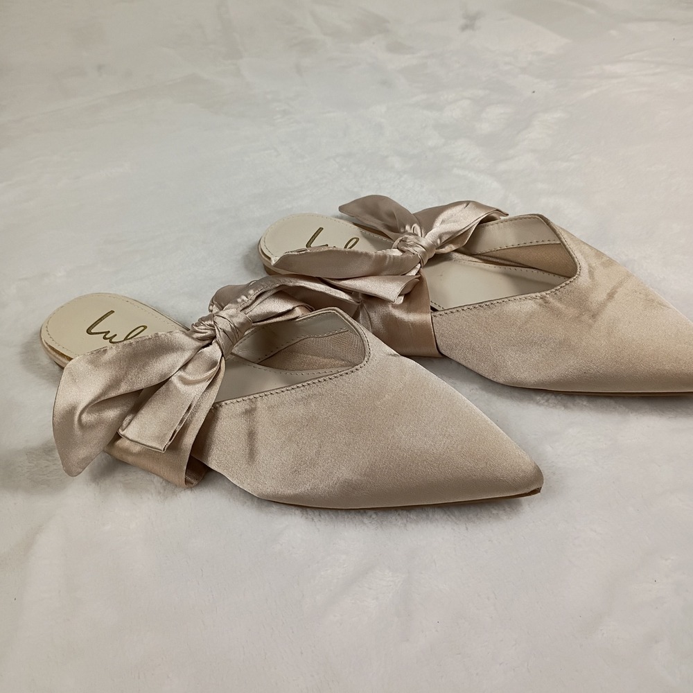 Lulus Mule Flats Womens 6.5 Champagne Satin Bow Pointed Toe Slides - Picture 2 of 7